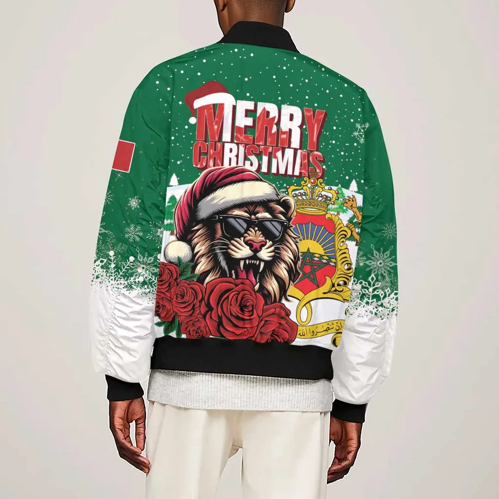 Morocco Christmas Sleeve Zip Bomber Jacket Santa Lion With Rose Xmas Vibe LT01