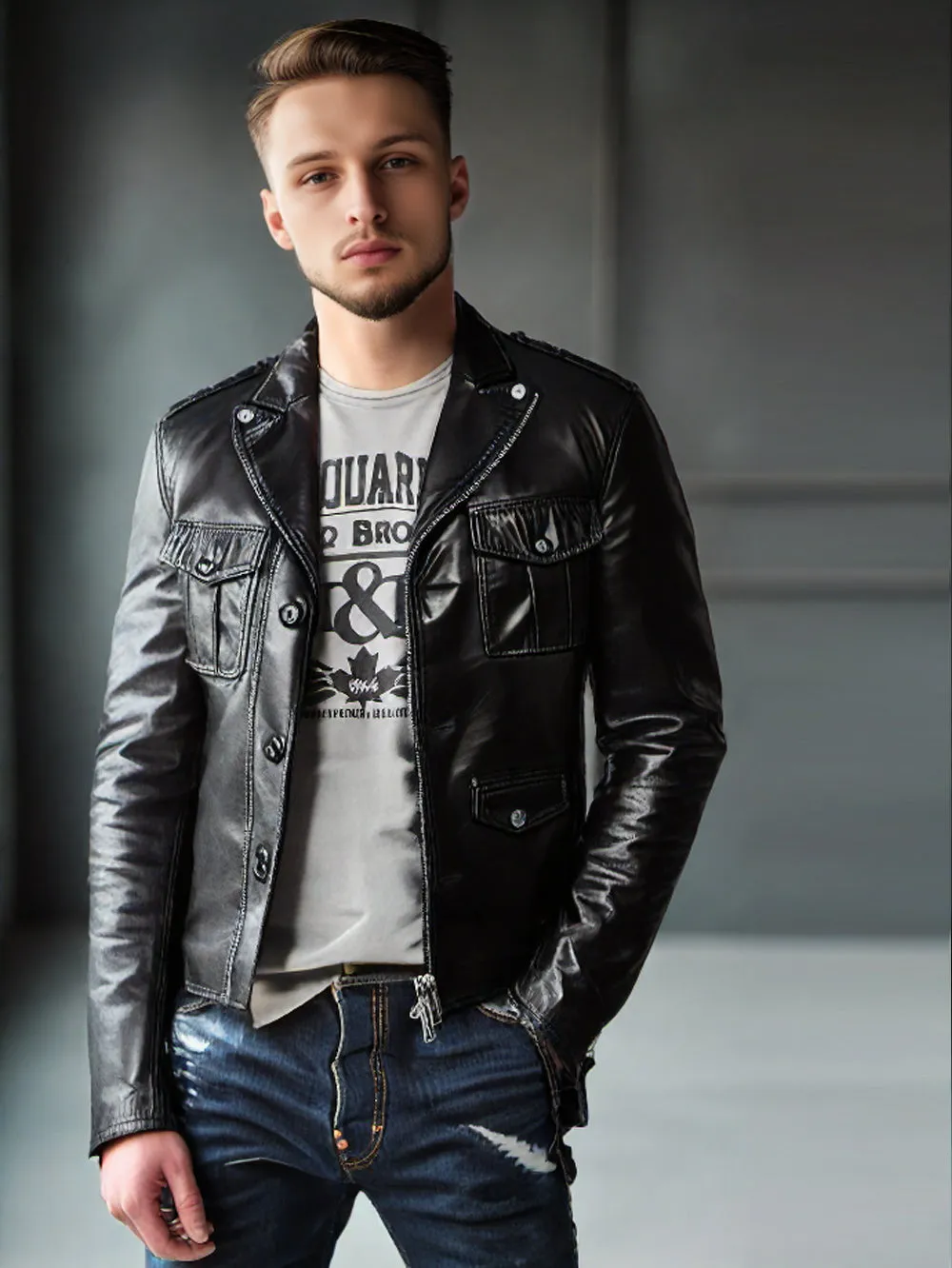 Multiple Pocket Men's Genuine Leather Biker Jacket