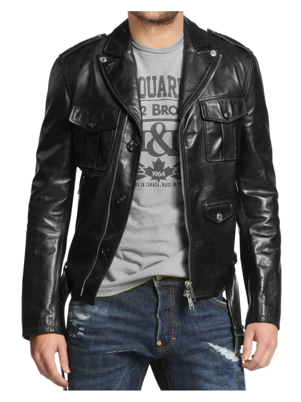 Multiple Pocket Men's Genuine Leather Biker Jacket