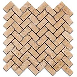 Mut Mocha Travertine Herringbone Polished Mosaic Tile - Lot of 50 Sheets