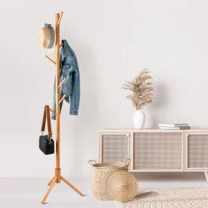 Natural Wood Coat Rack Stand, 8 Hooks - Solid Oak - Easy Installation