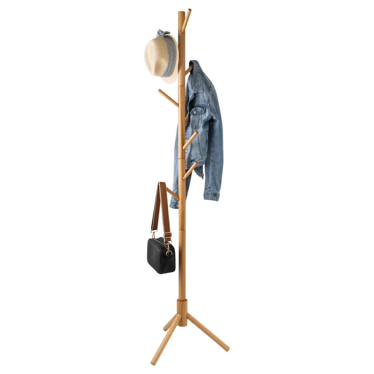 Natural Wood Coat Rack Stand, 8 Hooks - Solid Oak - Easy Installation
