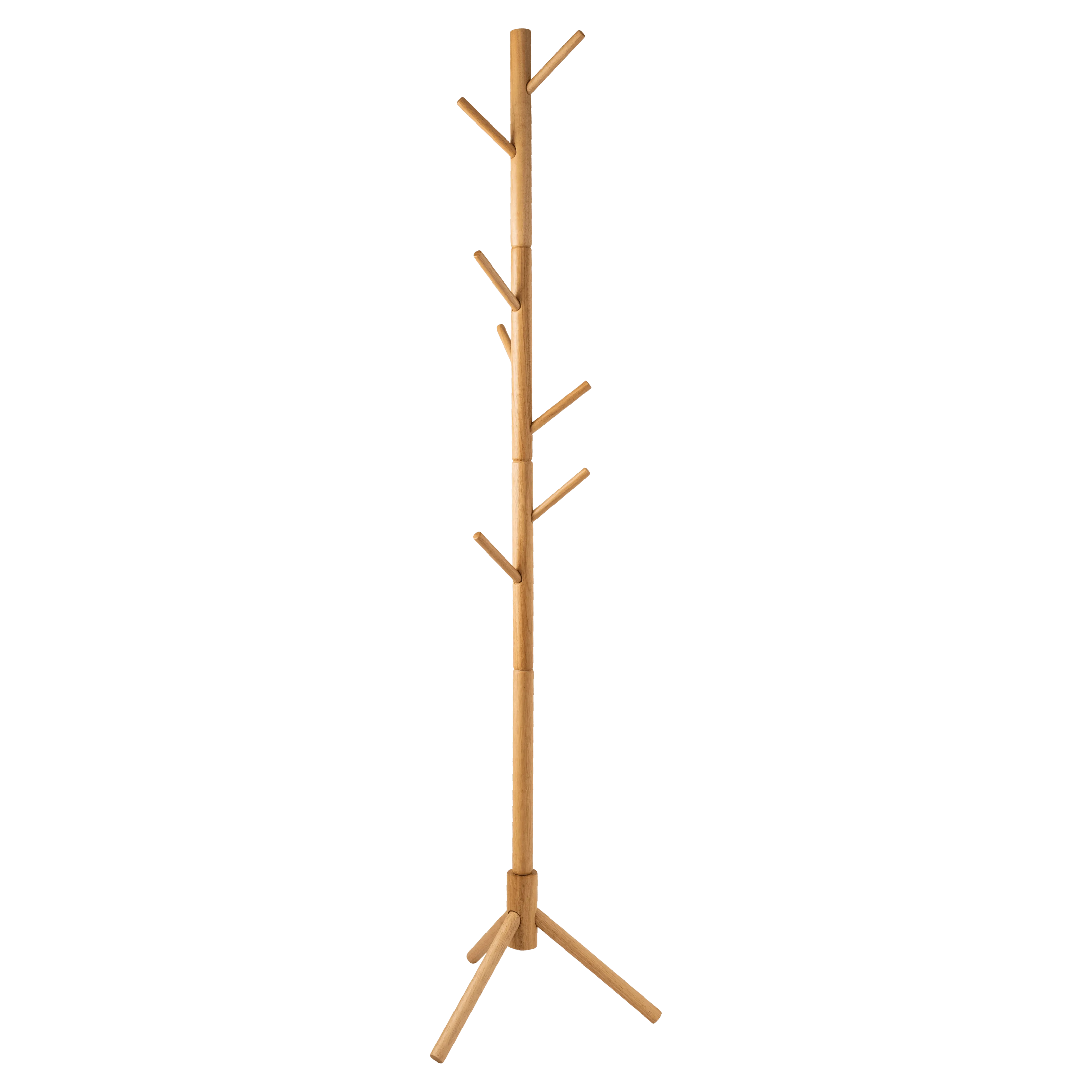Natural Wood Coat Rack Stand, 8 Hooks - Solid Oak - Easy Installation