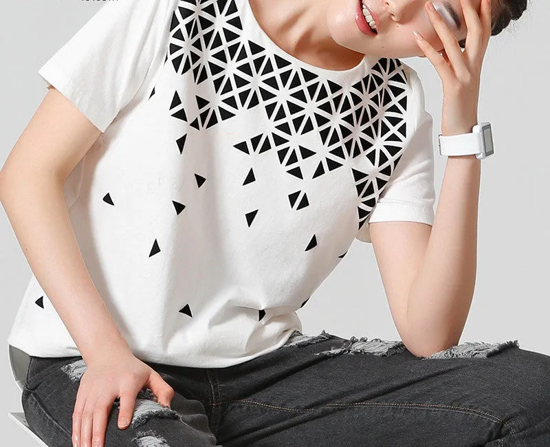 O-Neck Print Loose Short Geometric Appliques Cotton Women T-Shirts