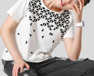 O-Neck Print Loose Short Geometric Appliques Cotton Women T-Shirts