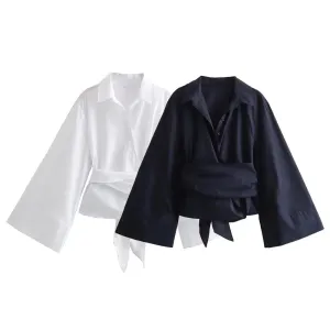 Obsidian Phoenix Double-Breasted Poplin Shirt - Polo Neck with Bow Tie