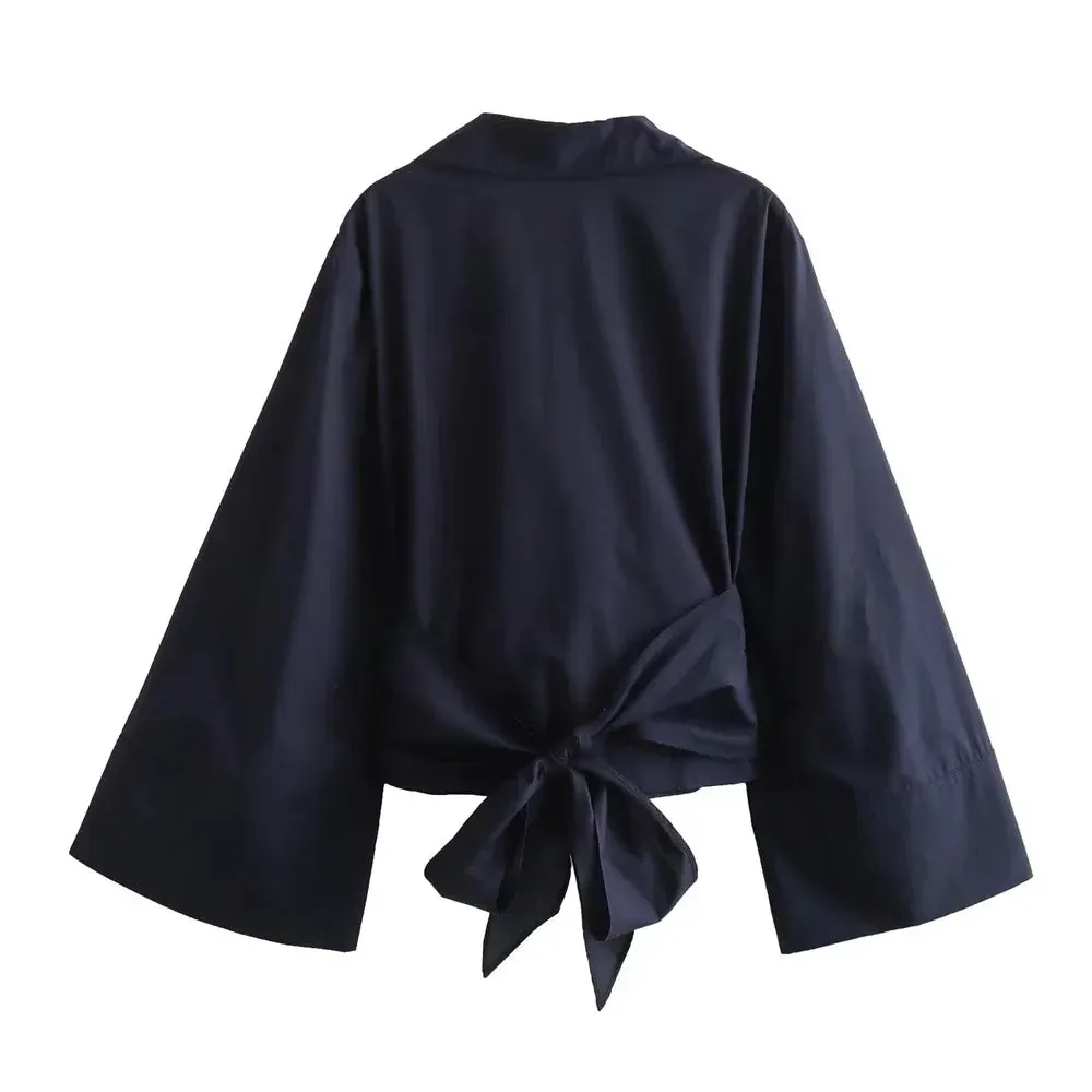 Obsidian Phoenix Double-Breasted Poplin Shirt - Polo Neck with Bow Tie