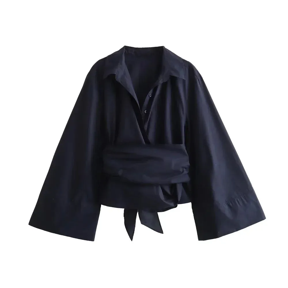 Obsidian Phoenix Double-Breasted Poplin Shirt - Polo Neck with Bow Tie