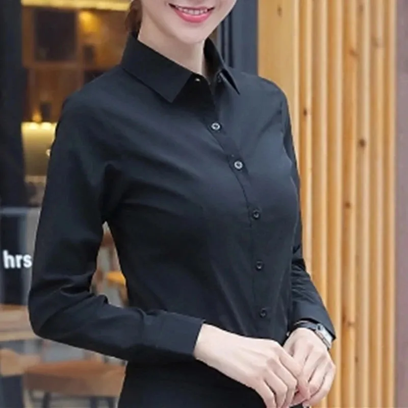 Obsidian Phoenix  Women’s White Shirt - Long Sleeve Elegant Blouse, OL Basic Top for Fashionable Wear