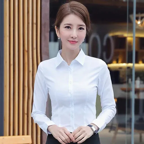 Obsidian Phoenix  Women’s White Shirt - Long Sleeve Elegant Blouse, OL Basic Top for Fashionable Wear