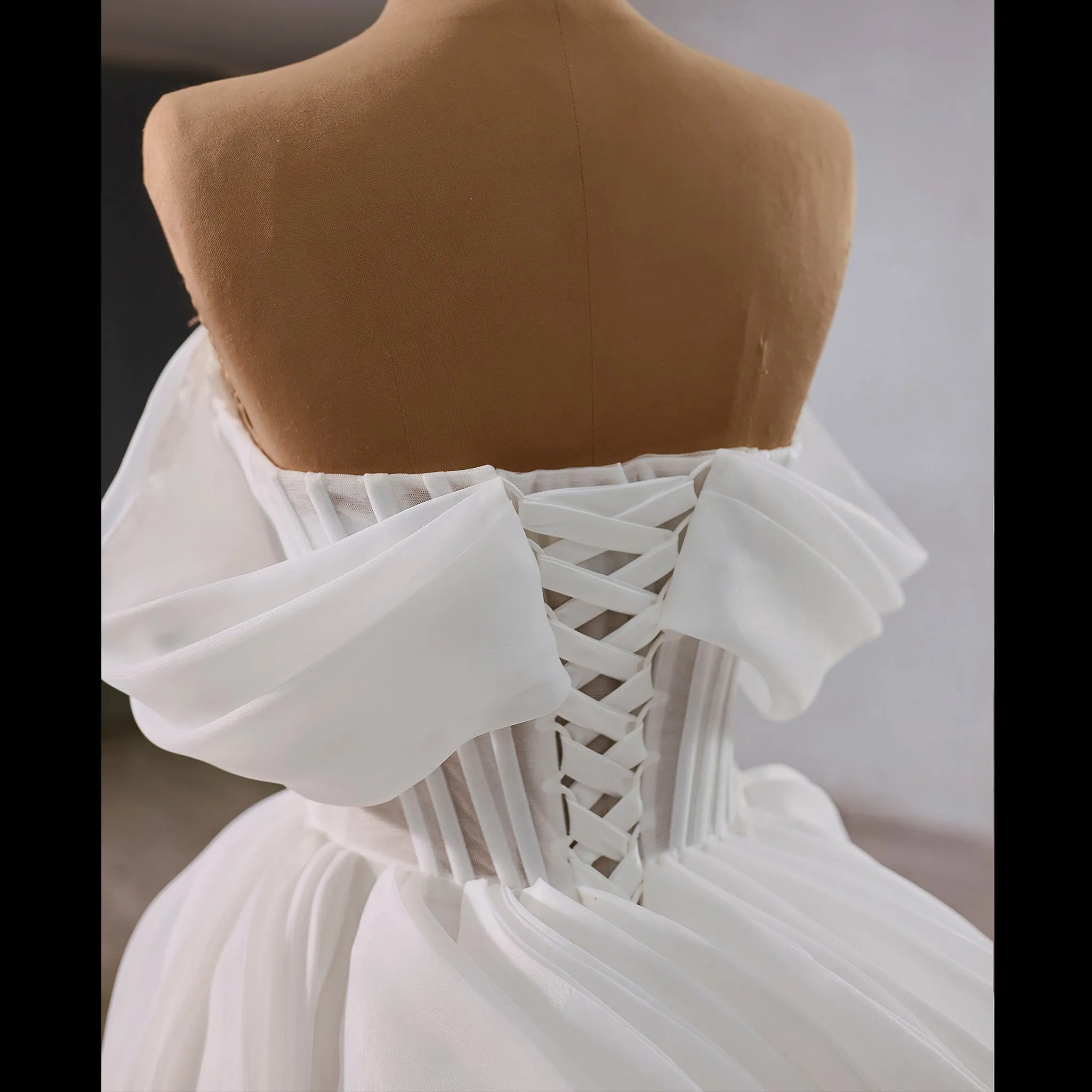 Off the Shoulder Layered Ruffle Wedding Dress with Sheer Bodice