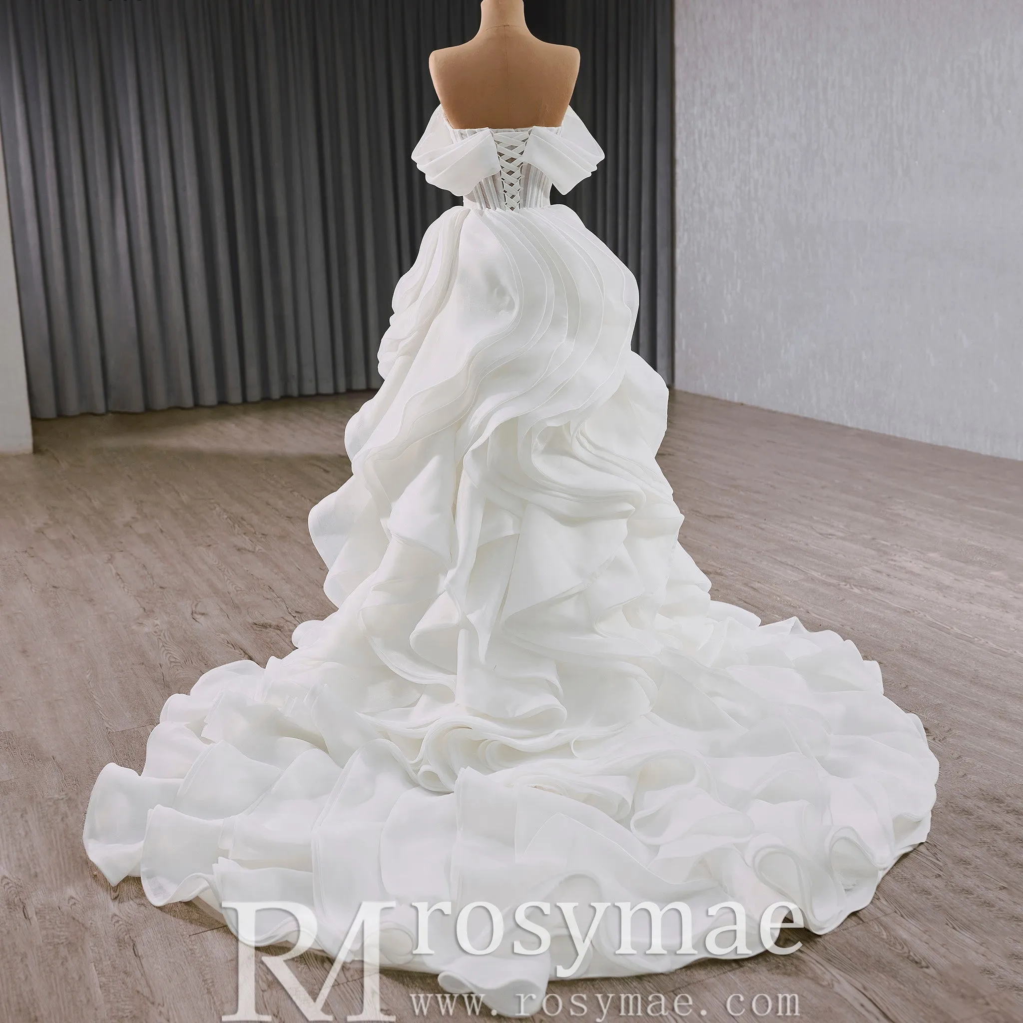 Off the Shoulder Layered Ruffle Wedding Dress with Sheer Bodice