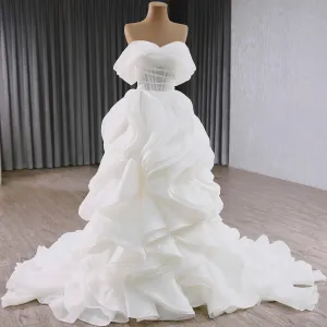 Off the Shoulder Layered Ruffle Wedding Dress with Sheer Bodice