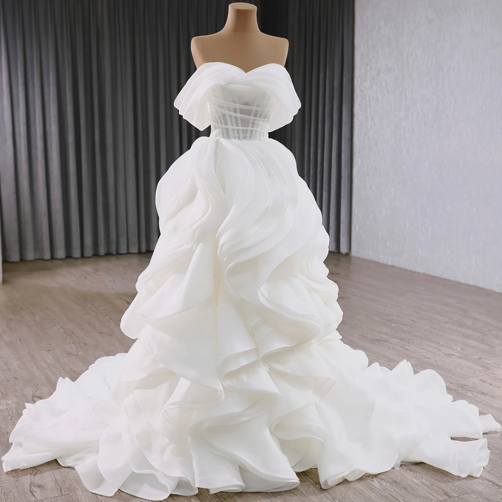 Off the Shoulder Layered Ruffle Wedding Dress with Sheer Bodice