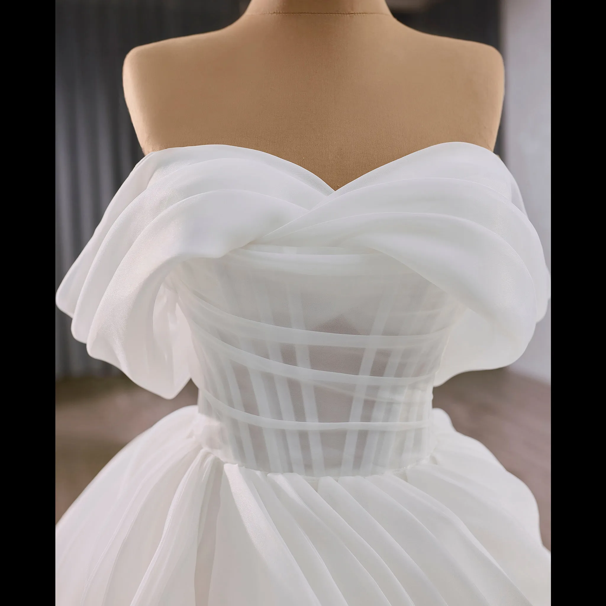 Off the Shoulder Layered Ruffle Wedding Dress with Sheer Bodice