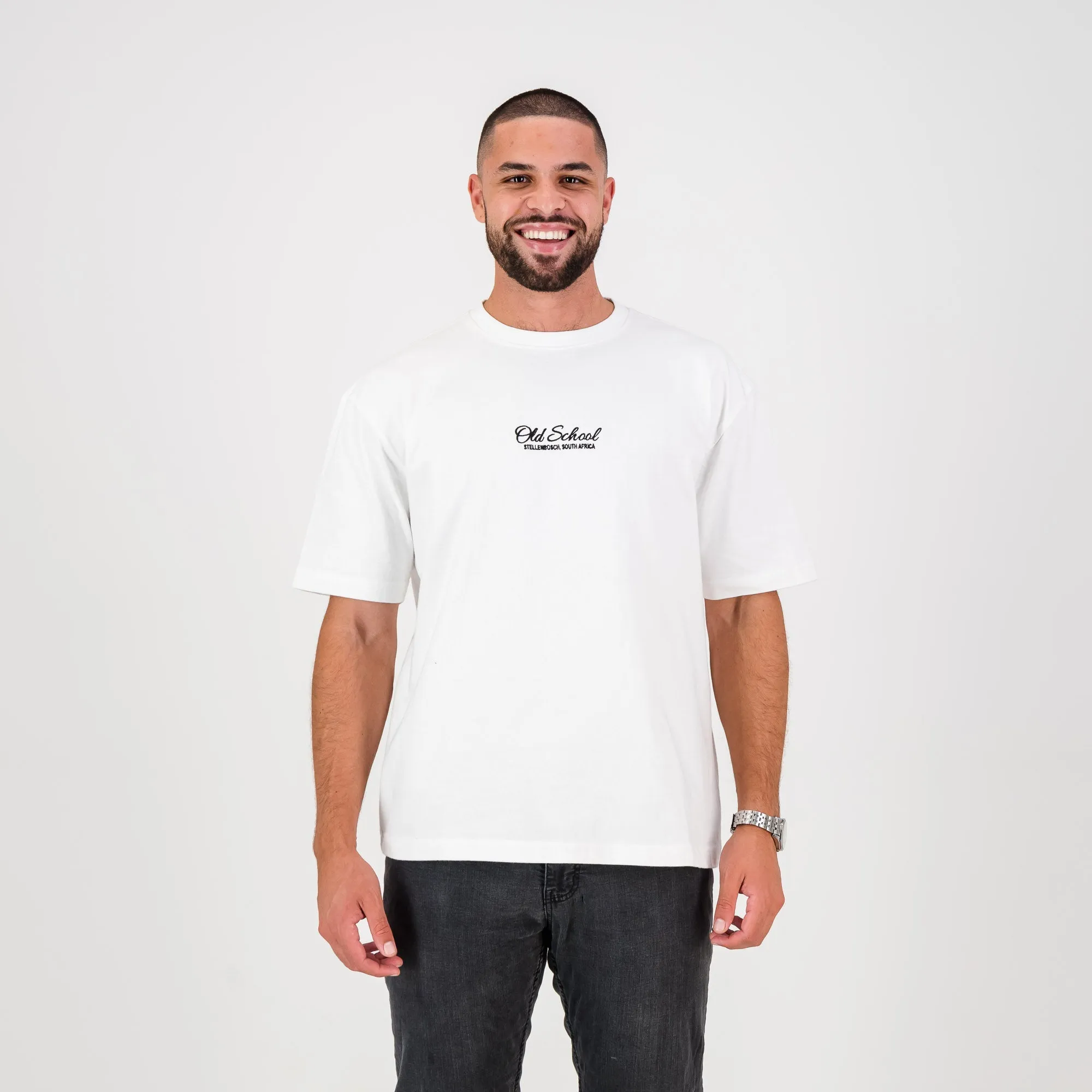 Old School Script Boxy Crew Tee-White
