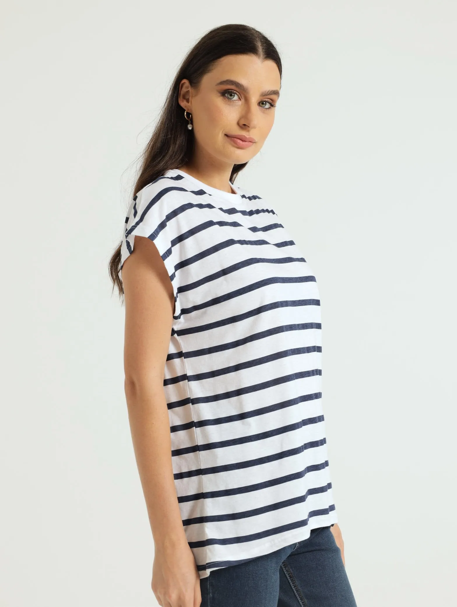 Oversized Striped Boxy Tee - White/Navy