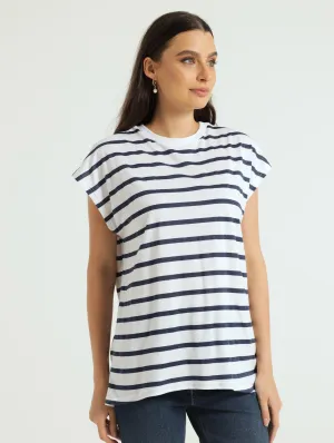 Oversized Striped Boxy Tee - White/Navy