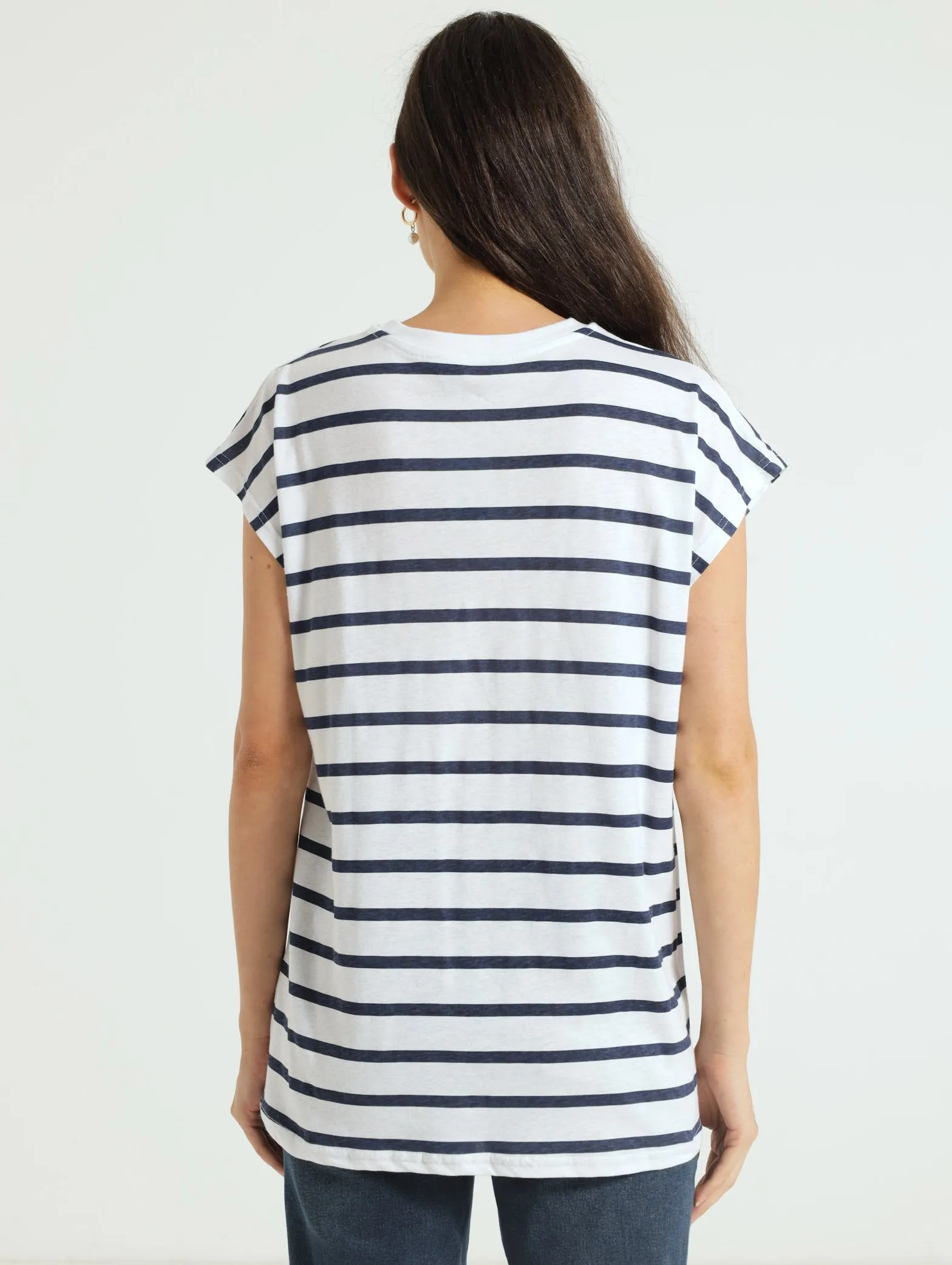 Oversized Striped Boxy Tee - White/Navy