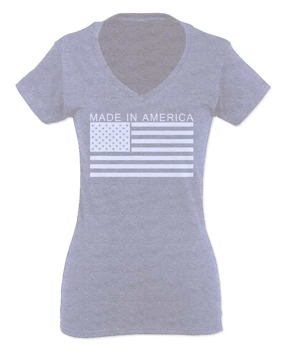 Patriotic American Proud Made in USA United States America Flag For Women V neck fitted T Shirt