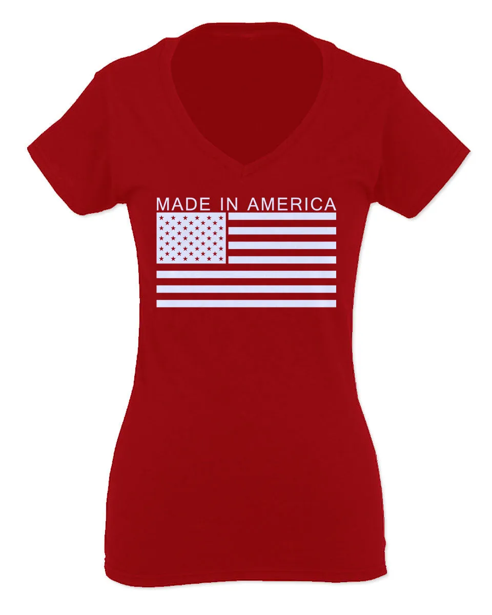 Patriotic American Proud Made in USA United States America Flag For Women V neck fitted T Shirt