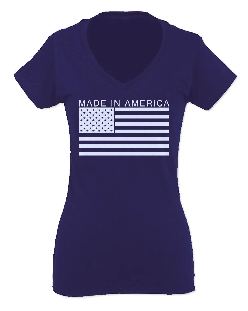 Patriotic American Proud Made in USA United States America Flag For Women V neck fitted T Shirt