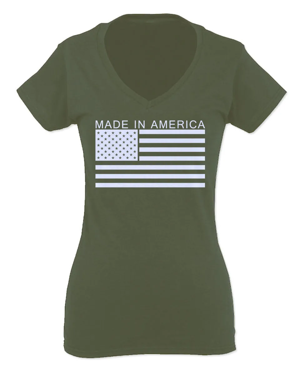 Patriotic American Proud Made in USA United States America Flag For Women V neck fitted T Shirt