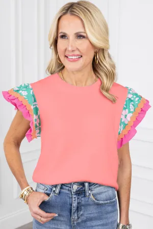 Peach Blossom Contrast Ricrac Floral Sleeve Top