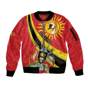 Personalised Afro Uganda Sleeve Zip Bomber Jacket Black Crowned Crane With Coat Of Arms LT15