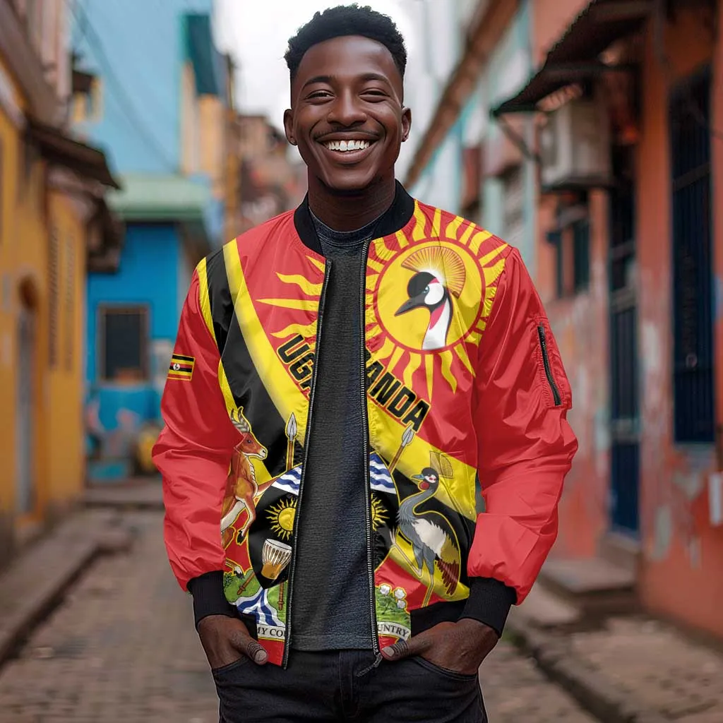 Personalised Afro Uganda Sleeve Zip Bomber Jacket Black Crowned Crane With Coat Of Arms LT15
