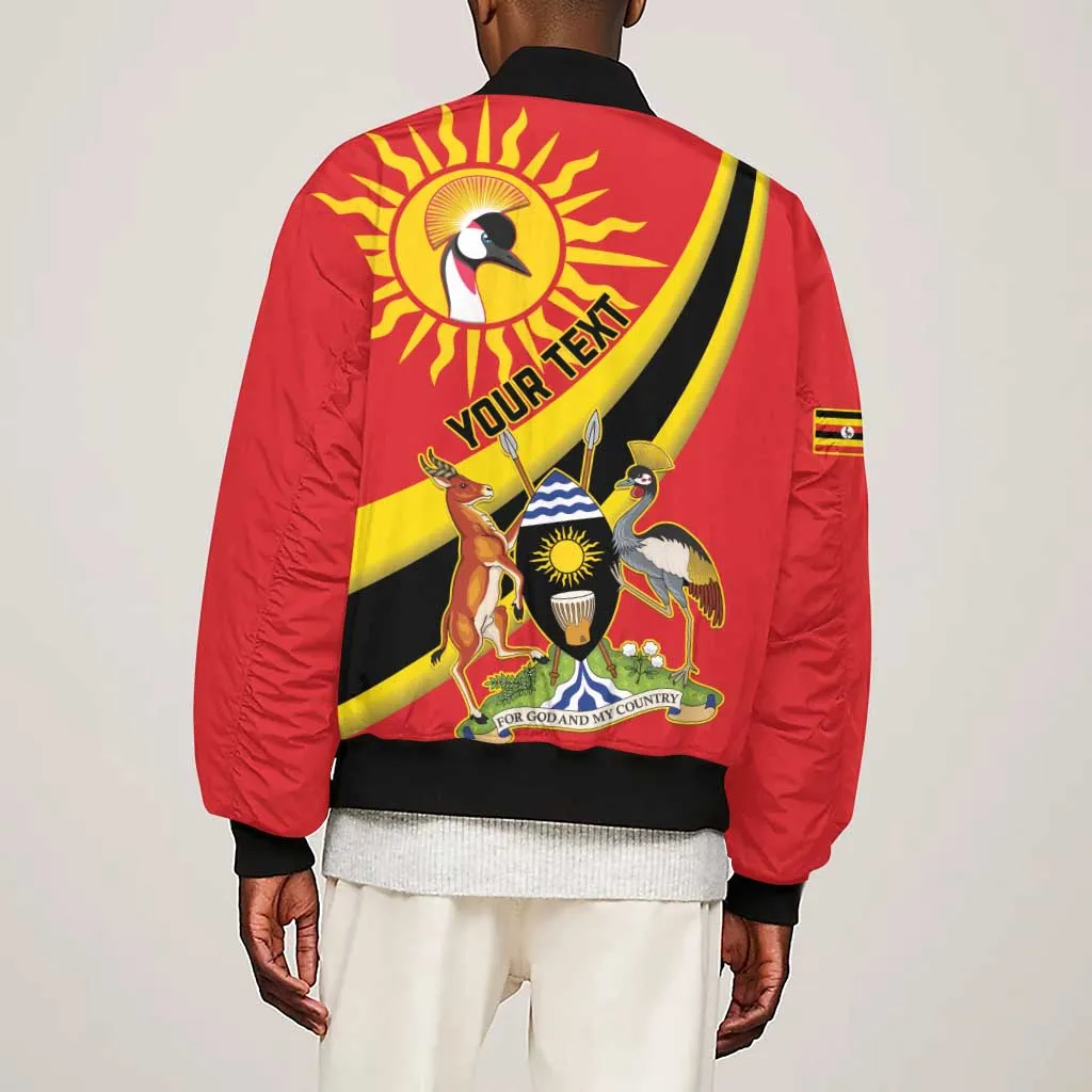 Personalised Afro Uganda Sleeve Zip Bomber Jacket Black Crowned Crane With Coat Of Arms LT15