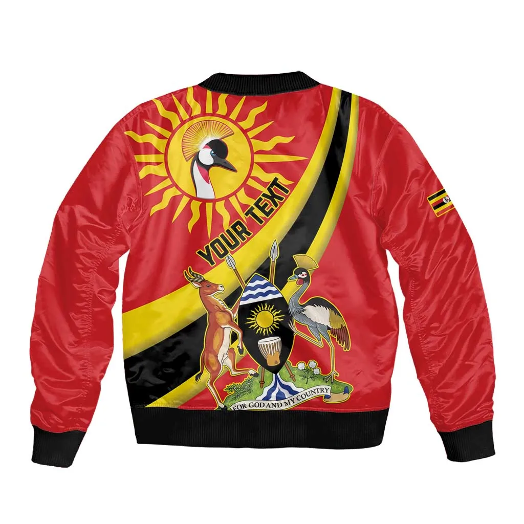 Personalised Afro Uganda Sleeve Zip Bomber Jacket Black Crowned Crane With Coat Of Arms LT15