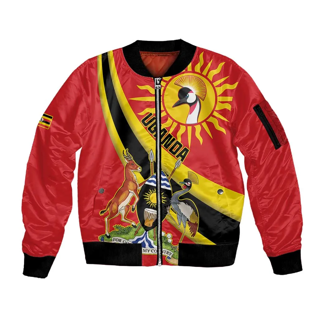 Personalised Afro Uganda Sleeve Zip Bomber Jacket Black Crowned Crane With Coat Of Arms LT15