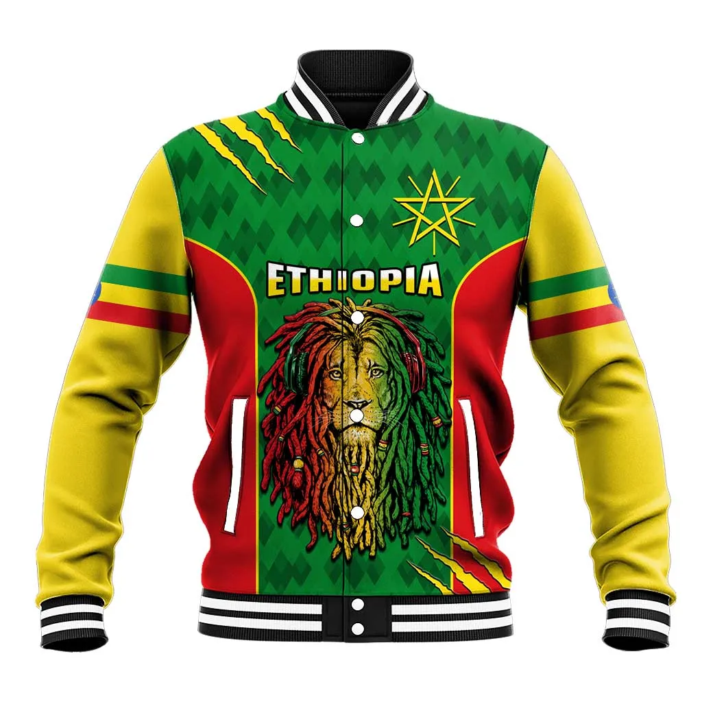 Personalised Ethiopia Baseball Jacket Men's Dreadlock Rasta Lion Headphones LT14