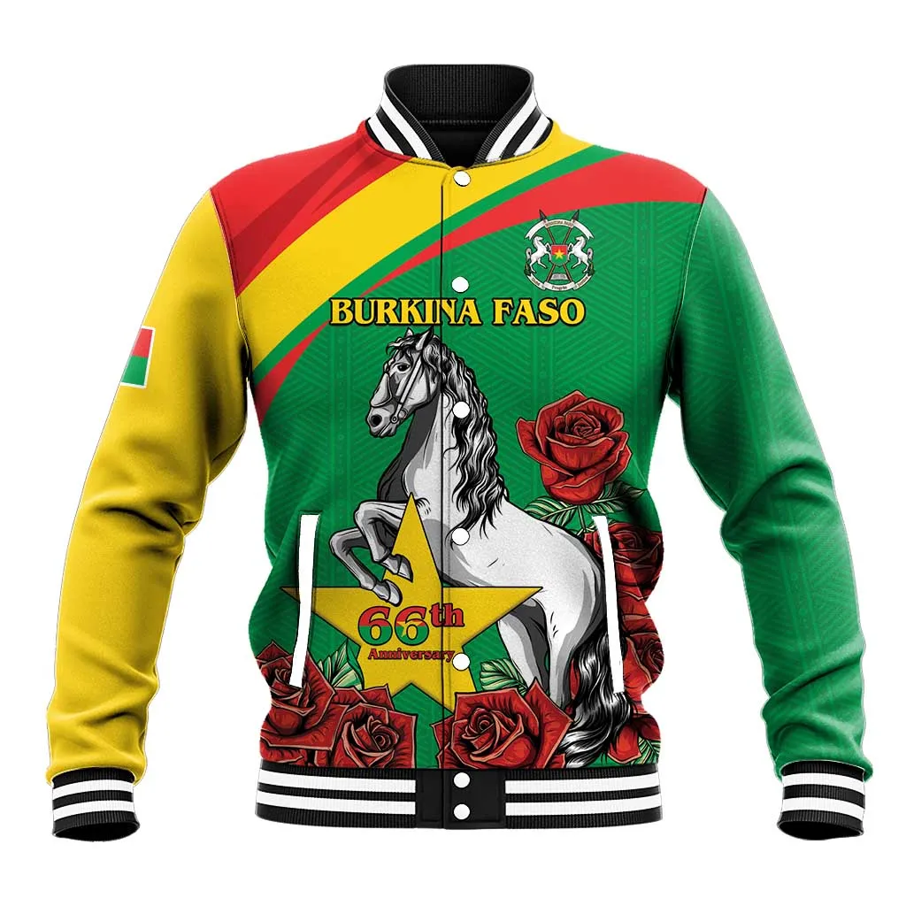 Personalized Burkina Faso Baseball Jacket White Stallion With Red Rose - Republic Day LT15