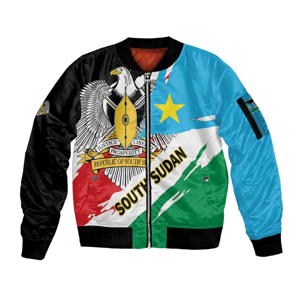 Personalized South Sudan Sleeve Zip Bomber Jacket East Africa - Grunge Flag Unique LT01