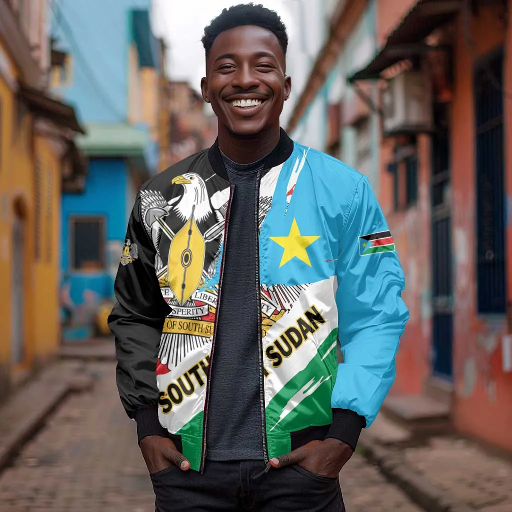 Personalized South Sudan Sleeve Zip Bomber Jacket East Africa - Grunge Flag Unique LT01