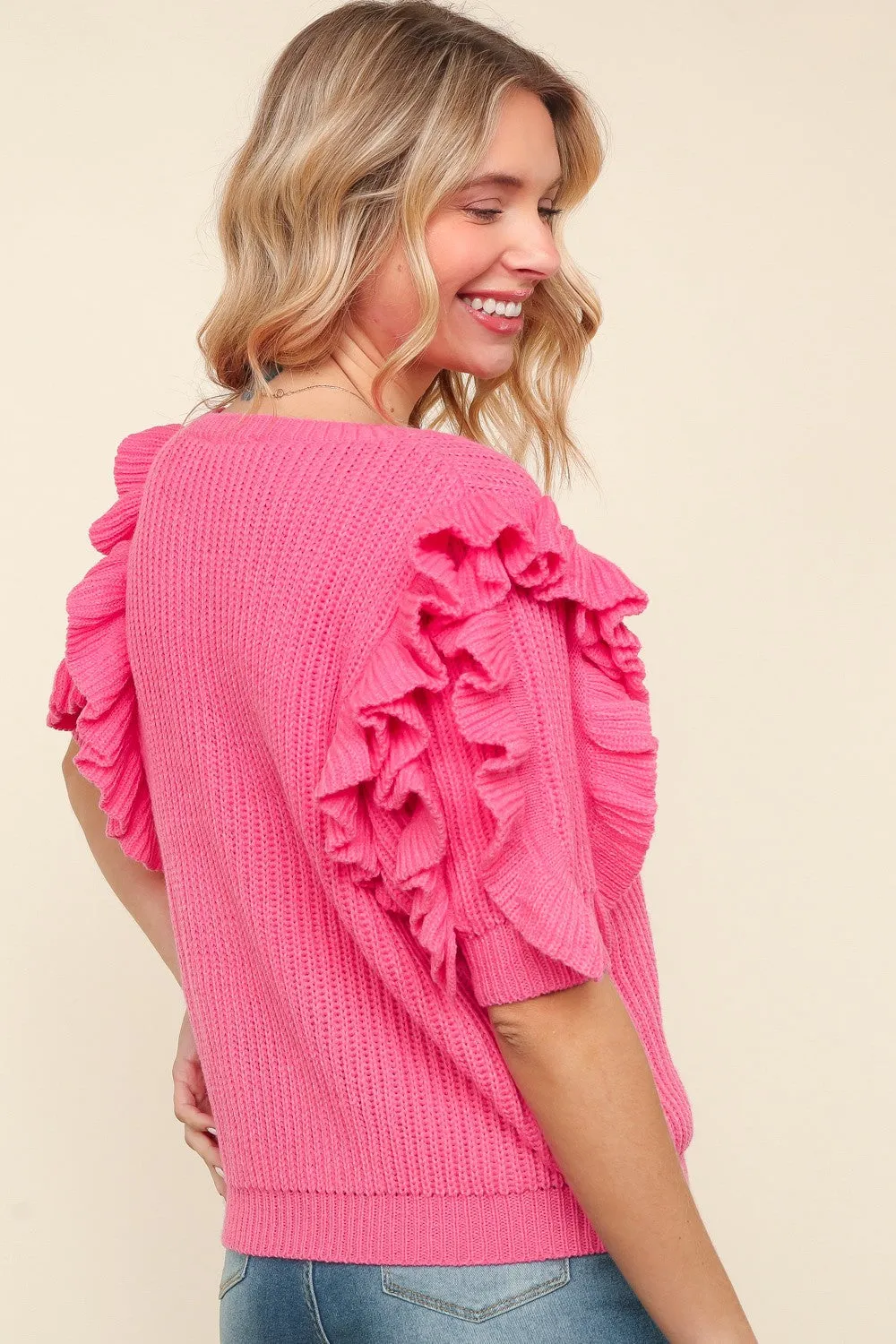 Pink Ruffled Sleeve Sweater