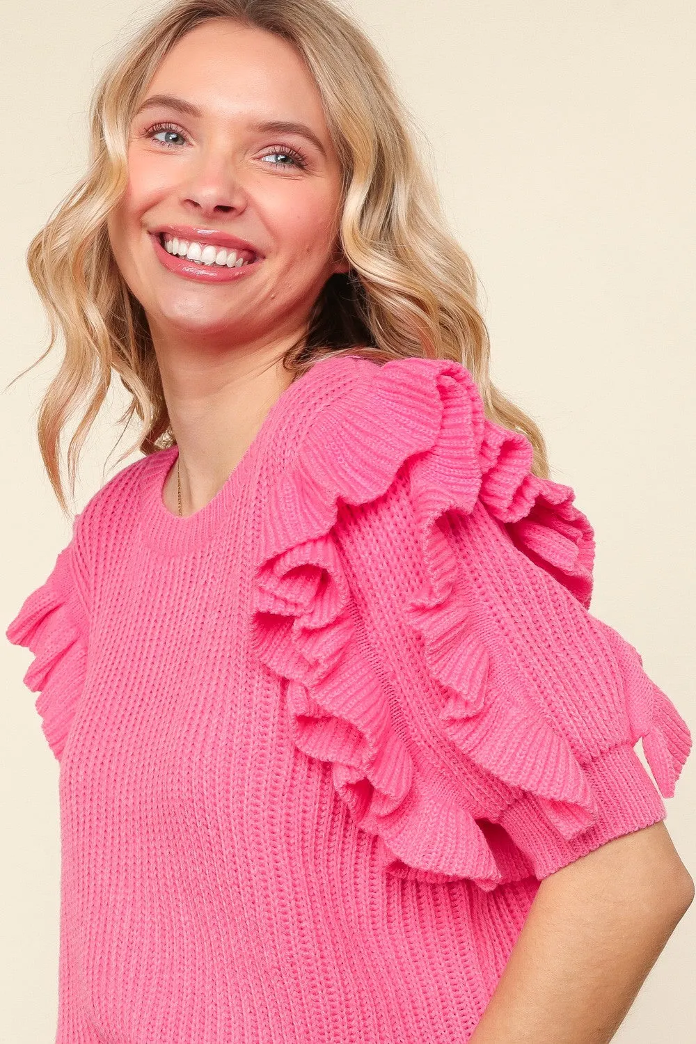 Pink Ruffled Sleeve Sweater