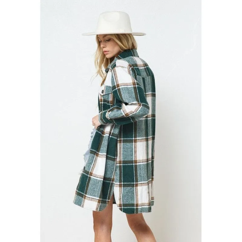 Plaid button up knee length long shirt jacket