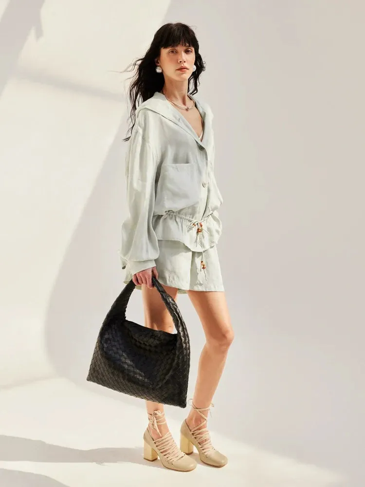 Pleated Sand-Washed Jacket & Shorts Set