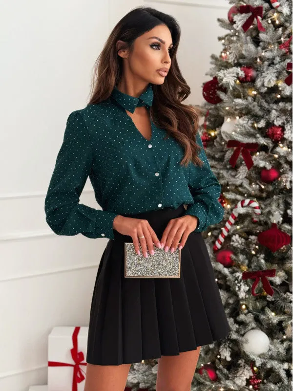 Polished Polka Dot Cutout Long Sleeve Blouse