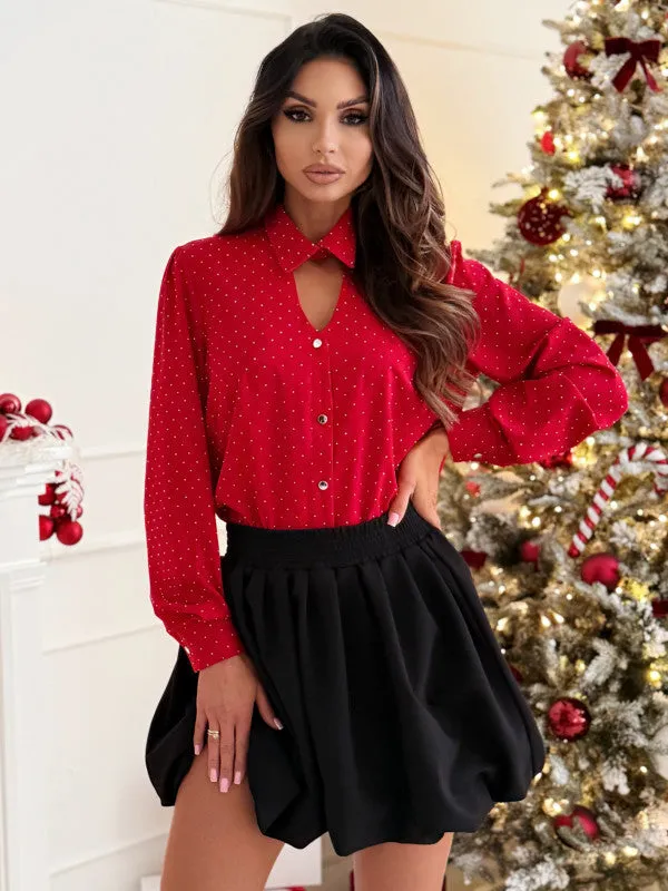 Polished Polka Dot Cutout Long Sleeve Blouse