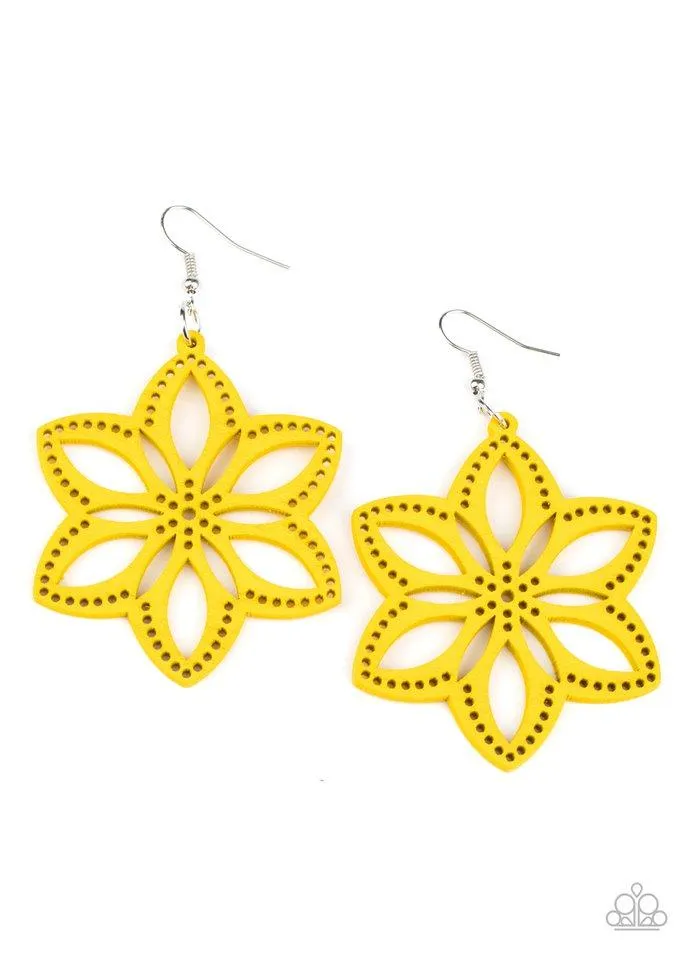 "Bahama Blossoms" Stenciled Cutout Yellow Floral Wood Earrings
