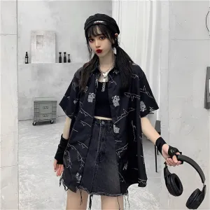 "BLACK LOOSE GRAFFITI PRINT SHORT-SLEEVED" SHIRT N040802