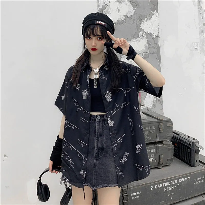 "BLACK LOOSE GRAFFITI PRINT SHORT-SLEEVED" SHIRT N040802