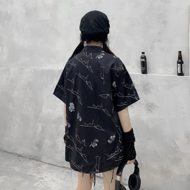 "BLACK LOOSE GRAFFITI PRINT SHORT-SLEEVED" SHIRT N040802