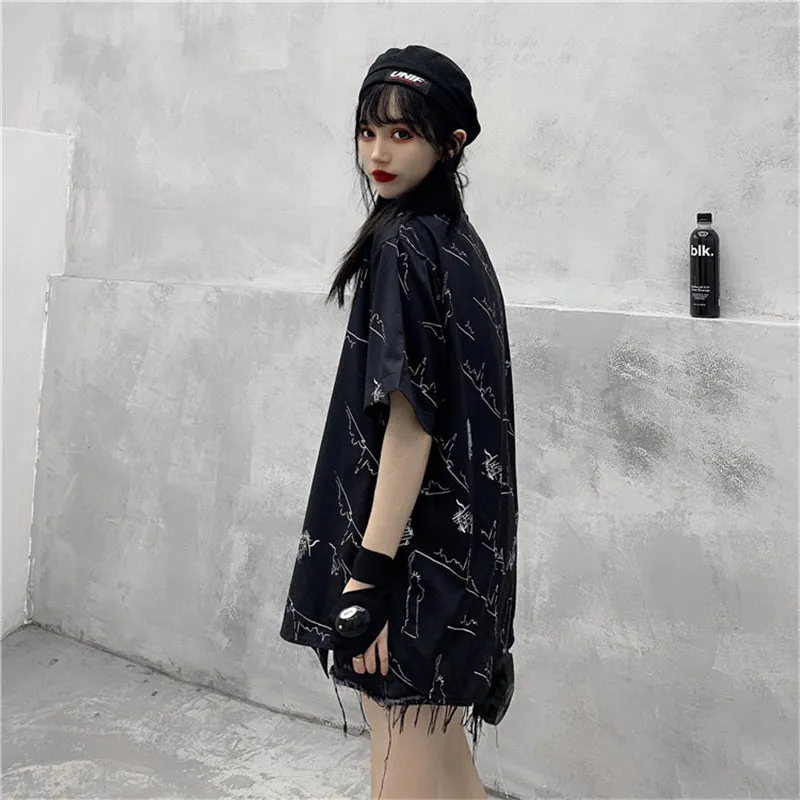 "BLACK LOOSE GRAFFITI PRINT SHORT-SLEEVED" SHIRT N040802