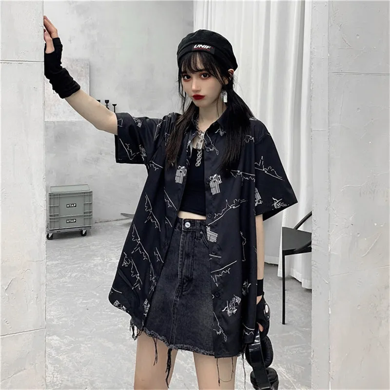 "BLACK LOOSE GRAFFITI PRINT SHORT-SLEEVED" SHIRT N040802