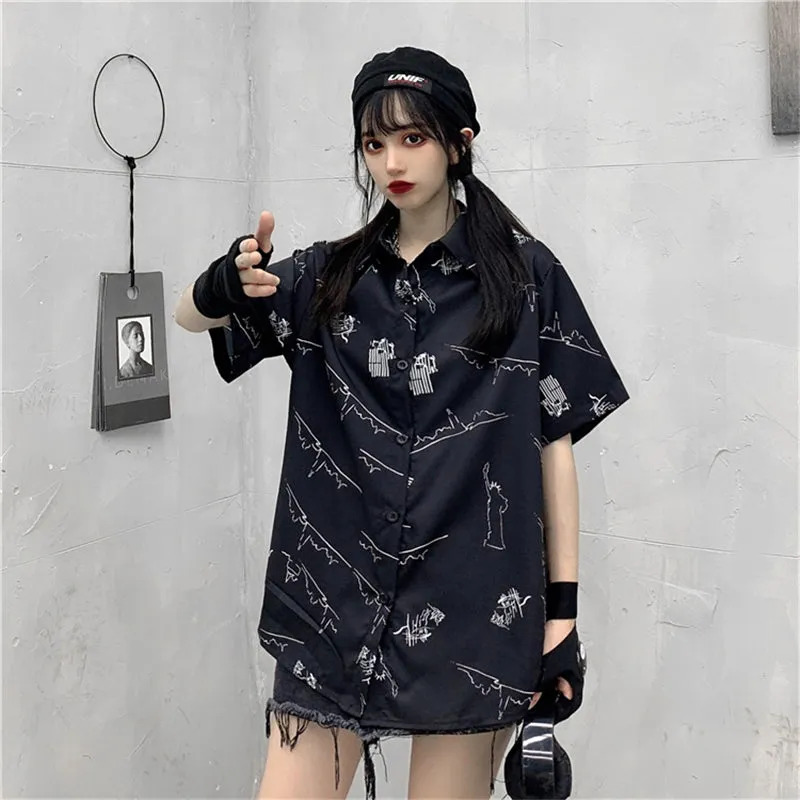 "BLACK LOOSE GRAFFITI PRINT SHORT-SLEEVED" SHIRT N040802